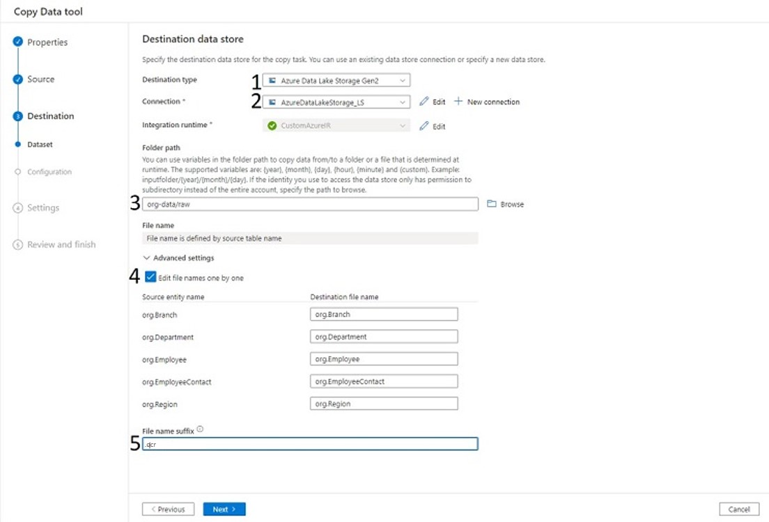 Dataset under Destination tab