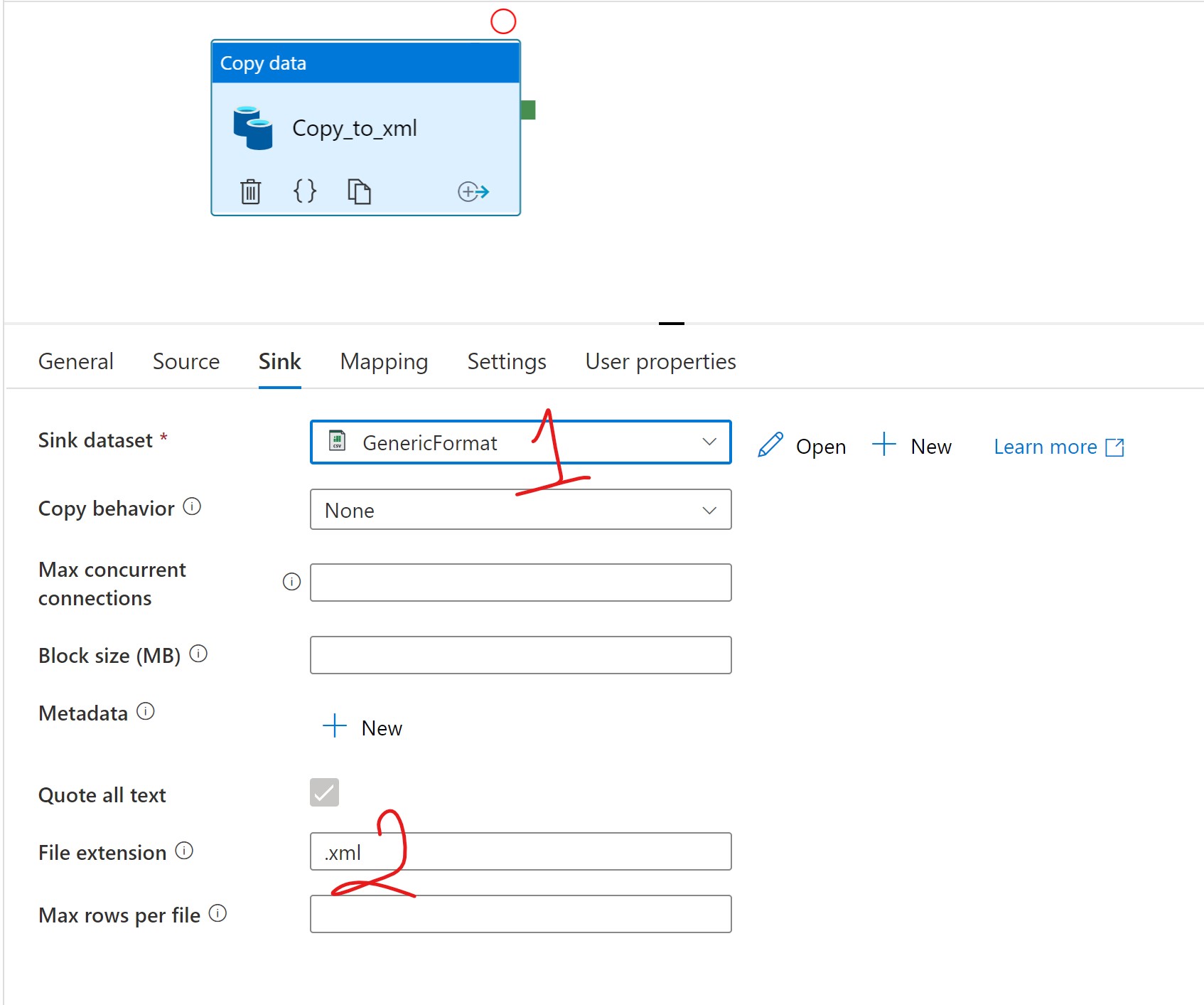 Export SQL Server query result as xml file in Data Factory