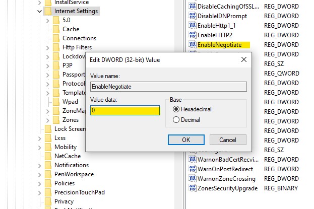 Disable Negotiate option in Windows Registry